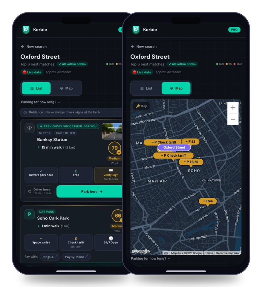 Two genuine screenshots of the live Kerbie app side by side: the List view with a real search result and confidence score, and the Map view showing real parking spots plotted on Google Maps
